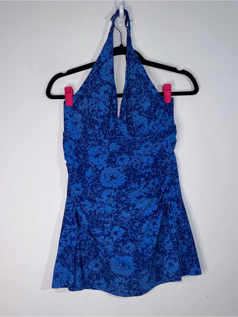 L.L.Bean Size 12 Reg Blue Floral Halter Swimdress One Piece Swimsuit UPF 40+